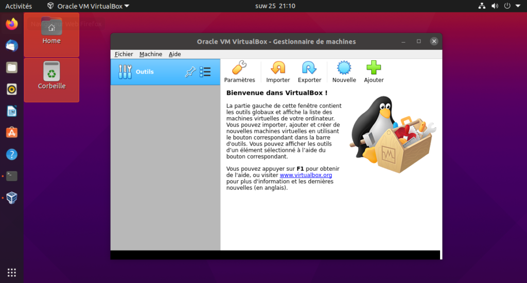Fenêtre de bienvenue dans VirtualBox
